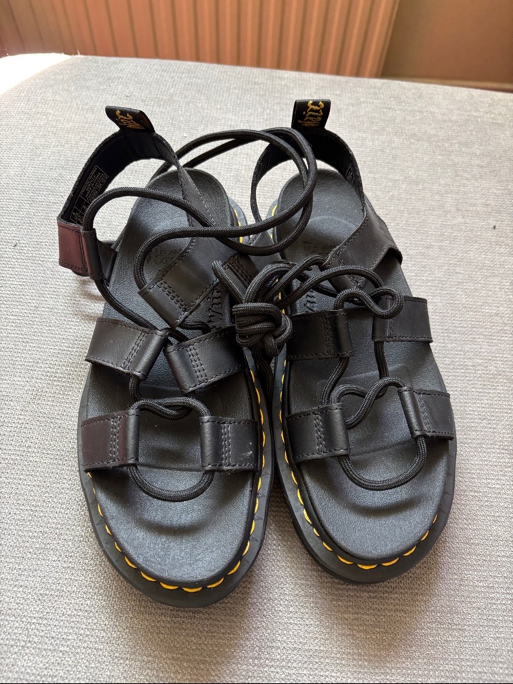 Dr. Martens Black Leather Lace-Up Gladiator Sandals with Yellow Stitching